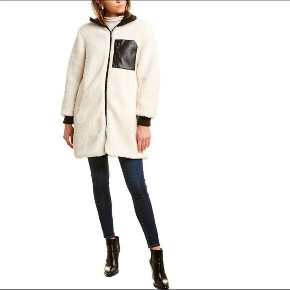 NVLT Anthropologie cream sherpa fleece longline jacket w/ faux leather accent - Picture 3 of 12